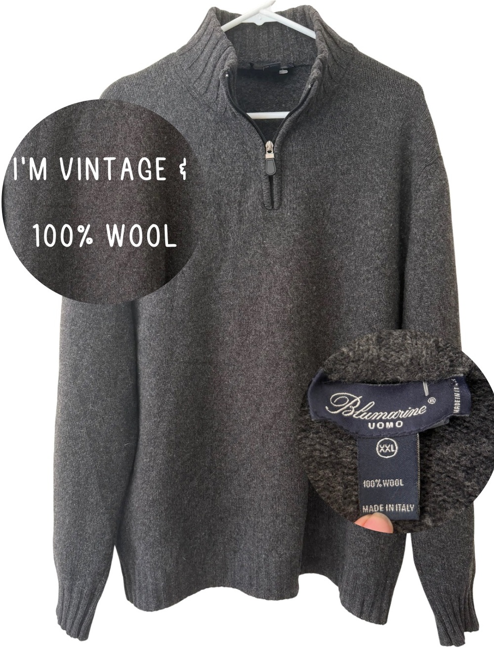 Blumarine Men's Charcoal Gray 100% Wool Quarter-Zip Sweater Made in Italy XXL
